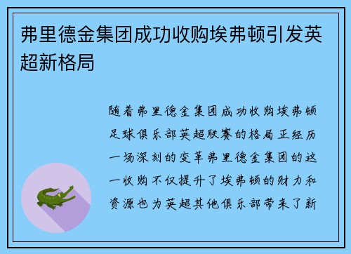 弗里德金集团成功收购埃弗顿引发英超新格局