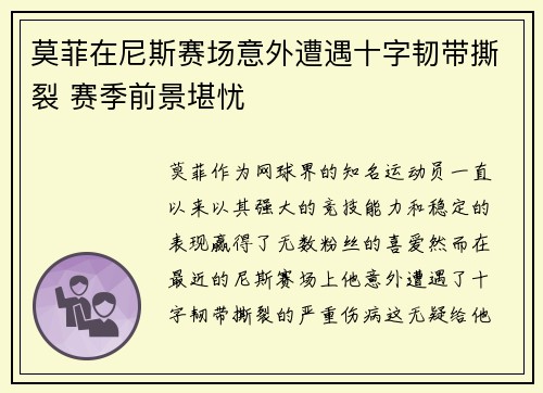 莫菲在尼斯赛场意外遭遇十字韧带撕裂 赛季前景堪忧 莫菲在尼斯赛场意外遭遇十字韧带撕裂 赛季前景堪忧