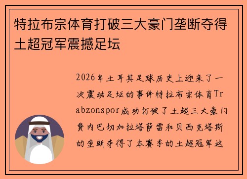 特拉布宗体育打破三大豪门垄断夺得土超冠军震撼足坛 特拉布宗体育打破三大豪门垄断夺得土超冠军震撼足坛